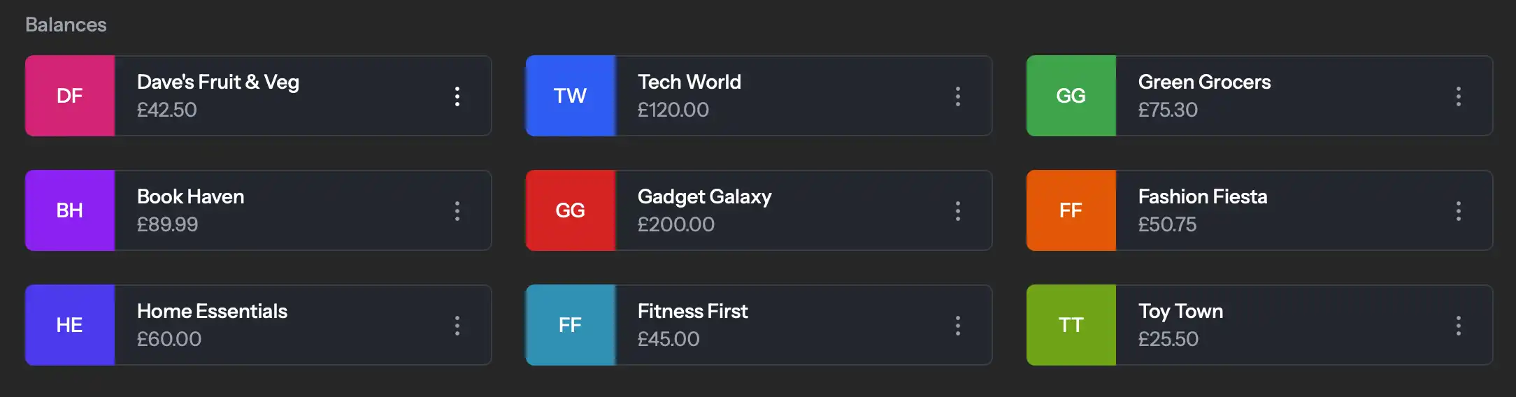 Customer wallet showing multiple gift cards with balances (dark mode)