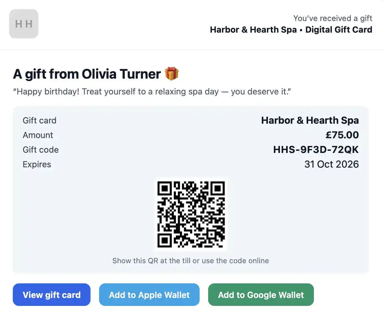 Personalised gift card with themed artwork and message